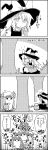  4koma arm_up basket bow carrying clone coin comic commentary_request crescent greyscale hair_between_eyes hair_bow hat hat_bow hat_ribbon highres infinite_1up jumping kirisame_marisa long_hair super_mario_bros. mob_cap monochrome mushroom nintendo patchouli_knowledge ribbon smile squatting tani_takeshi touhou translation_request tree very_long_hair witch_hat yukkuri_shiteitte_ne 