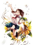  1girl :d blue_skirt boku_no_hero_academia brown_eyes brown_hair clenched_hand flower grin hand_up highres jumping looking_at_viewer nanaminn one_eye_closed open_mouth pleated_skirt short_eyebrows short_hair_with_long_locks skirt smile solo sunflower u.a._school_uniform uraraka_ochako water white_background 