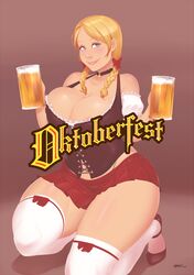  1girl alcohol beer beer_mug blonde_hair blue_eyes blush bow bow_legwear braid breasts choker cleavage dirndl german_clothes gradient gradient_background hair_bow huge_breasts looking_at_viewer midriff_peek miniskirt oktoberfest one_knee original pleated_skirt red_skirt ribbon-trimmed_legwear ribbon_trim signature simple_background skirt smile solo thick_thighs thigh-highs thighs twin_braids underbust white_legwear zephyr_aile zettai_ryouiki 