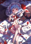  1girl :&lt; artist_name bangs bare_legs barefoot bat_wings bed_sheet black_wings blood blue_eyes blue_hair bow bowtie breasts closed_mouth dress eyebrows_visible_through_hair feet finger_to_mouth fingernails foreshortening hat hat_ribbon head_tilt indoors knee_up leg_garter looking_at_viewer lying mob_cap no_bra nyanya on_back on_bed open_clothes open_dress outstretched_arm panties petals puffy_short_sleeves puffy_sleeves red_eyes red_neckwear red_ribbon remilia_scarlet ribbon rose_petals short_hair short_sleeves small_breasts solo sparkle tareme thigh_strap thighs touhou underwear white_dress white_panties wings 
