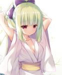  1girl arms_behind_head arms_up blush bow breasts cariboy closed_mouth commentary_request green_hair hair_bow high_ponytail japanese_clothes kimono long_hair looking_at_viewer murasame_(senren) obi ponytail purple_bow red_eyes sash senren_banka short_sleeves sidelocks small_breasts solo upper_body very_long_hair white_background white_kimono wide_sleeves 