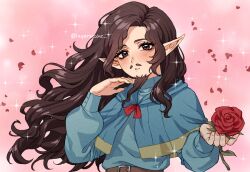  1boy alternate_species bishie_sparkle brown_hair dungeon_meshi elf facial_hair flower highres holding holding_flower layerscake long_hair looking_at_viewer male_focus mustache pencil_mustache pointy_ears rose senshi_(dungeon_meshi) senshi_(elf)_(dungeon_meshi) solo upper_body 