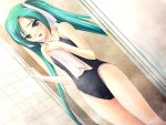  bath game_cg green_eyes green_hair ichikawa_noa inraku_no_ketsuzoku kiryuu_hinaki long_hair one-piece_swimsuit room school_swimsuit shower steam swimsuit towel twintails wet 