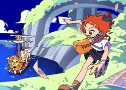  1girl bag bangle black_shorts blue_sky bracelet child clouds cloudy_sky english_commentary grass green_eyes holding holding_letter jewelry letter nami's_fangirl ocean one_piece one_piece_fan_letter open_mouth orange_hair outdoors pirate_ship running sandals shirt short_hair short_sleeves shorts shoulder_bag sky smile tb_seobox thousand_sunny wanted_poster white_shirt 