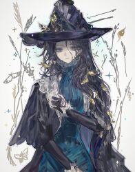  1girl absurdres black_cloak black_gloves black_hair black_hat black_sleeves blue_dress blue_eyes cloak closed_mouth dress expressionless gloves grey_background hand_up hat highres long_hair long_sleeves mole mole_under_eye partially_fingerless_gloves reverse:1999 solo sparkle straight-on upper_body very_long_hair weiyan_(nbnbmwnl) willow_(reverse:1999) witch_hat 
