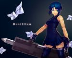  bad_id bare_shoulders blue_eyes blue_hair ciel gloves huge_weapon nfb-zmc seventh_holy_scripture short_hair solo tattoo thigh-highs thighhighs tsukihime weapon zettai_ryouiki 