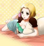  blonde_hair breasts brown_eyes cellphone cleavage kikuchi_mataha kurogane_no_linebarrel kurogane_no_linebarrels lying niiyama_risako phone pillow pillows short_hair solo 