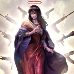  1girl assault_rifle black_hair chainsaw_man clothing_request cosplay gabdlc gun halo highres jesus jesus_(cosplay) long_hair orange_eyes red_halo red_robe rifle robe rocket_launcher rpg_(weapon) scar scar_on_cheek scar_on_face solo weapon yoru_(chainsaw_man) 