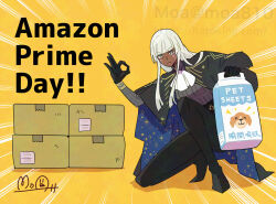  1girl amazon_(company) black_gloves black_pants blue_dress blunt_bangs box brigitta_(metaphor:_refantazio) cardboard_box closed_mouth commentary_request dark-skinned_female dark_skin dress gloves grey_eyes hato_moa holding long_hair looking_at_viewer metaphor:_refantazio ok_sign on_one_knee pants pee_pad simple_background solo sparkle web_address white_hair 