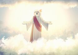  1other :d ^_^ akiyama_mizuki androgynous bloom closed_eyes clouds cloudy_sky cosplay giratamaai highres jesus jesus_(cosplay) open_mouth outstretched_arms pink_hair project_sekai reaching reaching_towards_viewer red_sash sash side_ponytail sidelocks sky smile spread_arms standing tunic white_tunic 