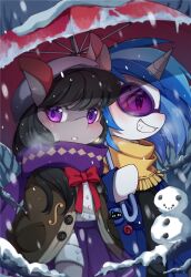  2girls animal_ears animal_hands beret black_hair blue_hair blush bow bowtie brown_coat buttons coat commentary couple english_commentary fringe_trim furry furry_female furry_with_furry grey_hat hat highres holding holding_umbrella hooves horns horse_ears horse_girl long_hair mo_huai_mao multiple_girls my_little_pony my_little_pony:_friendship_is_magic octavia_melody open_clothes open_coat outdoors personification purple-tinted_eyewear purple_scarf purple_skirt red_bow red_bowtie redhead scarf shirt short_hair single_horn skirt snow snowing snowman sunglasses tinted_eyewear umbrella unicorn_girl unicorn_horn upper_body vinyl_scratch violet_eyes white_shirt winter winter_clothes yellow_scarf yuri 