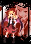  bat bat_wings blonde_hair boots bow elis_(touhou) facial_mark hair_bow hand_on_hip hips pointy_ears red_eyes skirt solo star too_many_bats touhou touhou_(pc-98) vest viki00 wings zoom_layer 