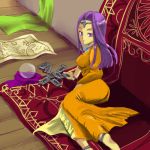  barefoot card cards circlet crystal_ball dark_skin dragon_quest dragon_quest_iv dress hirochihiro long_hair lowres lying_card map minea oekaki orange_dress purple_eyes purple_hair violet_eyes 