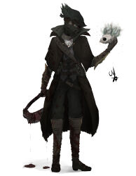  1boy absurdres arm_guards armor armored_boots belt black_footwear black_mask black_pants blood blood_drip blood_on_clothes blood_on_gloves blood_on_ground blood_on_hands blood_on_leg blood_on_weapon blood_stain bloodborne boots brown_cape brown_coat cape capelet coat covered_mouth full_body gloves greaves hat high_heel_boots high_heels highres holding holding_weapon hunter_(bloodborne) knee_boots mask mayoa mouth_mask open_clothes open_coat pants sash saw saw_cleaver shoulder_sash signature simple_background skull solo standing torn_clothes trench_coat tricorne vambraces weapon white_background 