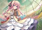  dress greenhouse hair_ribbon instrument long_hair petals pink_hair quiz_magic_academy ribbon ryo shalon violin 