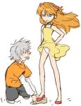  bare_shoulders choker dress hat long_hair lowres nagisa_kaworu neon_genesis_evangelion panties pantyshot pantyshot_(standing) red_hair redhead smile souryuu_asuka_langley squat squatting underwear wind wind_lift yellow_dress 