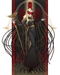 1girl archbishop_tsubasa belt black_dress blonde_hair commentary covered_navel dress earrings eidenjyou1997 english_commentary eye_mask genderswap genderswap_(mtf) gold_belt highres holding holding_scepter jewelry kamen_rider kamen_rider_v3_(series) logo long_hair mask nail_polish necklace red_mask ring scepter solo tassel teeth tight_clothes tight_dress yellow_eyes yellow_nails