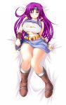  breasts cleavage curvy d_kurouri faris_scherwiz final_fantasy final_fantasy_v green_eyes headband highres large_breasts long_hair lying navel purple_hair solo sweat tape thick_thighs thighs under_boob underboob 