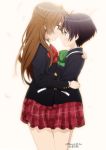  2girls black_hair brown_eyes brown_hair chuunibyou_demo_koi_ga_shitai! eye_contact half_updo hug long_hair looking_at_another multiple_girls nibutani_shinka red_eyes revision school_uniform short_hair tsuyuri_kumin yamasaki_wataru yuri 