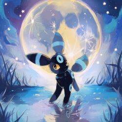  alternate_color black_eyes black_fur blue_theme colored_sclera commentary creature_focus expressionless full_body full_moon glowing grass highres looking_to_the_side merino_(merino_9999) moon night no_humans outdoors pokemon pokemon_(creature) puddle ripples shiny_pokemon solo standing star_(sky) star_(symbol) symbol-only_commentary umbreon water yellow_sclera 