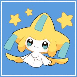  appyon_(archangel_ayp) blue_background blue_eyes facial_mark full_body jirachi no_humans pokemon pokemon_(creature) simple_background solo star_(symbol) tanzaku 