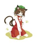  animal_ears brown_eyes brown_hair cat_ears cat_tail chen earrings fish hat jewelry manekinukotei mouth_hold multiple_tails short_hair solo tail touhou 