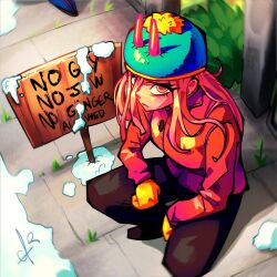  1boy 1girl absurdres alpharecdyt beanie black_pants chainsaw_man cosplay cross-shaped_pupils demon_girl demon_horns dragon_ball eric_cartman eric_cartman_(cosplay) hat highres horns jacket long_hair mittens outdoors pants pink_hair pom_pom_(clothes) pom_pom_beanie power_(chainsaw_man) racism red_horns red_jacket sign snow solo_focus son_goku south_park squatting symbol-shaped_pupils yellow_mittens 