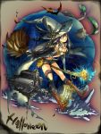  bats black_hair boots broom broom_riding halloween hat kan_satomi original purple_eyes violet_eyes witch witch_hat 