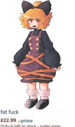  1girl absurdres amazon_(company) black_bow black_footwear black_shirt blonde_hair bow brown_dress commentary dress english_text full_body hair_bow highres iesonatana kurodani_yamame long_sleeves looking_at_viewer mary_janes open_mouth pinafore_dress profanity red_eyes shirt shoes short_hair simple_background sleeveless sleeveless_dress smile socks solo touhou white_background white_socks 