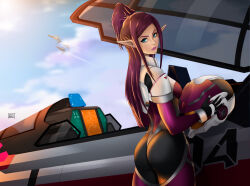  1girl armor ass blue_eyes blue_sky bodysuit canopy_(aircraft) clouds contrail english_commentary esteban_barrientos fleet flying helmet highres holding holding_helmet lips looking_at_viewer looking_back macross macross_delta mirage_farina_jenius pilot_suit pointy_ears ponytail purple_hair science_fiction shoulder_armor signature sky space_helmet spacesuit sun sunlight variable_fighter vf-31 