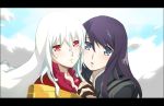  2girls ar_tonelico ar_tonelico_ii bad_id blue_eyes blush duke_pantarei gust holding_hands letterboxed long_hair male multiple_boys parody red_eyes shouga silver_hair tales_of_(series) tales_of_vesperia trap yuri_lowell 