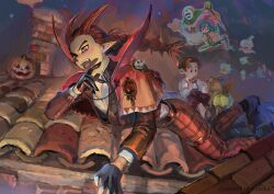  1girl 1other 3boys alternate_costume alternate_hairstyle antenna_hair aqua_hair aretokasoretoka black_gloves black_jacket bow bowl_cut bowtie braid brown_hair cabbage capelet chako_(dqb2) chimney colored_sclera commentary_request dog dragon_quest dragon_quest_builders_2 dress english_commentary fangs ghost glasses gloves hair_horns halloween halloween_costume hat highres hoe holding holding_staff jack-o&#039;-lantern jacket looking_at_viewer lying mage_staff magiru_(dqb2) magus_(dragon_quest) mixed-language_commentary multiple_boys night on_roof on_stomach open_mouth orange_dress orange_hair pants parted_hair perry_(dqb2) plaid_clothes plaid_pants pointy_ears puffy_short_sleeves puffy_sleeves red_bow red_bowtie red_capelet red_eyes red_shorts shirt short_sleeves shorts sidoh_(dqb2) single_braid skull staff suspenders twitter_username white_shirt witch witch_hat yellow_sclera 