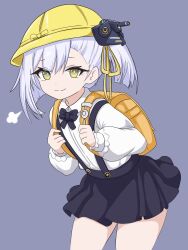  1girl azur_lane bag black_skirt collared_shirt hair_between_eyes hands_up hat highres jaggi_95 leaning_forward long_sleeves looking_at_viewer medium_hair miniskirt oceana_(azur_lane) rigging school_bag school_uniform shirt side_ponytail siren_(azur_lane) skirt smile solo standing suspender_skirt suspenders thighs turret white_hair white_shirt yellow_eyes 
