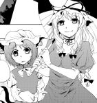  animal_ears blank_word_bubble cat_ears cat_tail chen earrings elbow_gloves gloves hair_ribbon hat jewelry kfc long_hair monochrome multiple_girls multiple_tails ribbon short_hair smile tail touhou yakumo_yukari yuu_(kfc) 