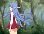  blue_hair blunt_bangs dress floating_hair forest kannagi ling_(cg_sky) long_hair looking_back nagi nature purple_eyes solo violet_eyes 