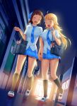  amami_haruka bag blonde_hair bloom blush brown_hair closed_eyes dutch_angle from_below hand_holding holding_hands hoshii_miki idolmaster legs lunch_(artist) multiple_girls necktie ribbon ribbons rough_time_school school school_uniform shoes smile uwabaki 