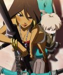  chain chains dark_skin earrings gun hatchin_morenos hoop_earrings jewelry lipstick michiko_malandro michiko_to_hacchin michiko_to_hatchin motercycle mother_and_daughter motor_vehicle rifle scan scooter tan uneven_eyes vehicle weapon 