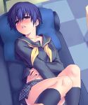  blue_hair blush couch persona persona_4 pillow pillows school_uniform serafuku shirogane_naoto short_hair skirt zen 