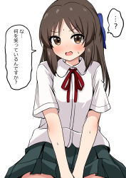  ... 1girl :o ? blush brown_hair comiching commentary_request highres idolmaster idolmaster_cinderella_girls looking_at_viewer neck_ribbon nose_blush pleated_skirt red_ribbon ribbon shirt short_sleeves simple_background skirt solo speech_bubble spoken_ellipsis spoken_question_mark sweat tachibana_arisu translation_request v_arms white_background white_shirt 
