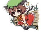  animal_ears baku_taso bare_shoulders bench brown_hair cat_ears cat_tail chen earrings hat jewelry multiple_tails orange_eyes short_hair sitting solo tail touhou 