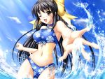  beach bikini black_hair brown_eyes choker game_cg long_hair school_love! splash sugihara_kokone swimsuit water wink 