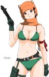  belt bikini breasts brown_hair cleavage gloves gun h&amp;k_mp5 hat mp5 mukuzou pistol red_eyes ryouzou scarf short_hair simple_background smile submachine_gun swimsuit weapon 