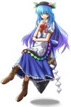 blue_hair crossed_legs floating floating_object food fruit hand_on_own_face hat highres hinanawi_tenshi keystone long_hair long_skirt peach peaches ribbon ribbons shimenawa shirosa simple_background sitting sitting_on_object skirt smile touhou