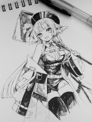  1girl :d arknights art_tools_in_frame bare_shoulders belt bird_girl breasts cropped_legs feather_hair hammer hat head_wings high_belt highres holding holding_hammer id_card iuri_(bungakuyomyom) jacket jacket_partially_removed medium_breasts open_mouth pen pen_(medium) photo_(medium) poncirus_(arknights) see-through_clothes see-through_jacket shirt short_shorts shorts sledgehammer sleeveless sleeveless_shirt smile solo thigh-highs thighs wings 