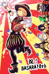  6+boys :3 :o anniversary antlers arm_up armor black_footwear black_hair black_hat blonde_hair blue_eyes brown_hair confetti deer deer_antlers fake_antlers full_body gloves grey_hair hat helmet highres horns japanese_armor kabuto_(helmet) kuroda_kanbei_(sengoku_basara) leg_up looking_at_viewer male_focus mouri_motonari_(sengoku_basara) multiple_boys narurune one_eye_closed otomo_sorin_(sengoku_basara) oyassan_(sengoku_basara) pants pointed_footwear puffy_pants sengoku_basara shimazu_yoshihiro_(sengoku_basara) shoes solo_focus striped_clothes striped_pants sweatdrop tachibana_muneshige_(sengoku_basara) vertical-striped_clothes vertical-striped_pants white_gloves yamanaka_shikanosuke_(sengoku_basara) yellow_eyes zabii_(sengoku_basara) 