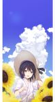  1girl :d absurdres bangs black_hair black_ribbon blue_sky blush clouds cloudy_sky collarbone commentary field flower flower_field fujiwara_mizuki grey_eyes hair_between_eyes hand_up hat hat_ribbon highres holding holding_hat hospital_gown looking_at_viewer open_mouth original ribbon robe short_sleeves sky smile solo straw_hat striped striped_ribbon summer sunflower teeth wind 
