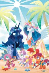  1boy animal animal_focus apple_bloom beach brass_stars clothed_animal commentary_request crown dragon_boy dress feathered_wings foal furry furry_male guitar head_wreath hermit_crab highres holding holding_guitar holding_instrument instrument looking_at_another looking_up my_little_pony my_little_pony:_friendship_is_magic my_little_pony_(idw) no_lineart ocean official_art outdoors pegasus pony_(animal) princess princess_celestia princess_luna sand scootaloo siblings sisters spike_(my_little_pony) starfish sweetie_belle unicorn water winged_unicorn wings 