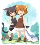  black_hair bloomers blush brown_eyes brown_hair cat_ears child fang fish happy kito kuma-tan kumatanchi neko-kun short_hair tail 