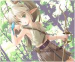  bird_on_hand birds blonde_hair bow_(weapon) elf green_eyes long_hair pointy_ears ponytail weapon yurikuta_tsukumi 