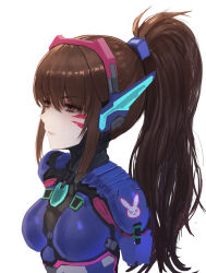  1girl absurdres animal_print bodysuit breasts brown_eyes brown_hair cropped_torso d.va_(overwatch) eruthu facepaint facial_mark from_side hair_between_eyes headphones highres long_hair medium_breasts overwatch overwatch_2 pilot_suit ponytail rabbit_print simple_background skin_tight solo whisker_markings white_background 